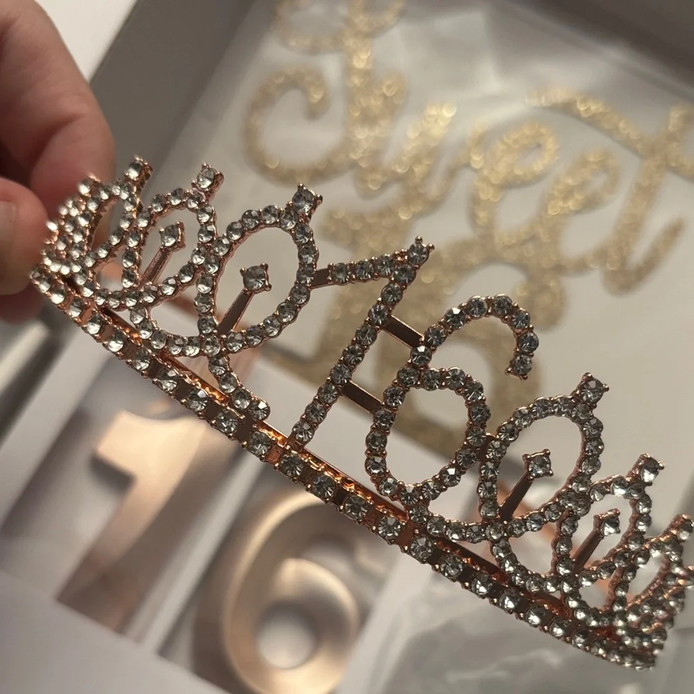 Rose Gold Sweet 16 Set Tiara Sash Candles Cale Topper